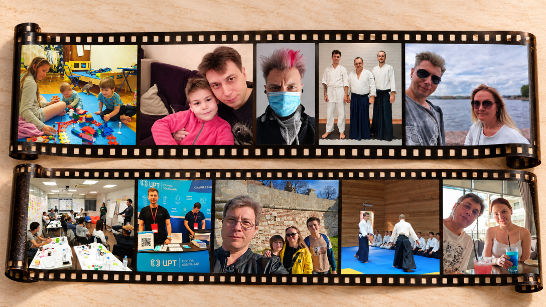 Десять фотографий из разных лет жизни: семья, айкидо, обучение, работа и путешествия, собранные в два ряда фотоленты.